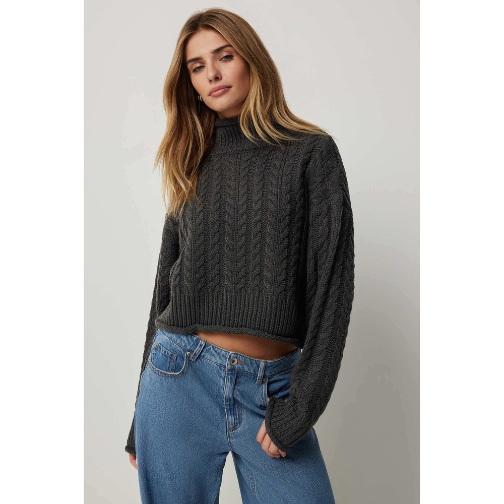 Ardene Cropped Cable Knit Mock Neck‎ Sweater Gray Size Medium Turtleneck